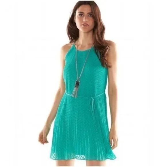 Aqua Halter Sundress Micropleat Dress, A-Line, shift, With waist tie - Picture 1 of 5